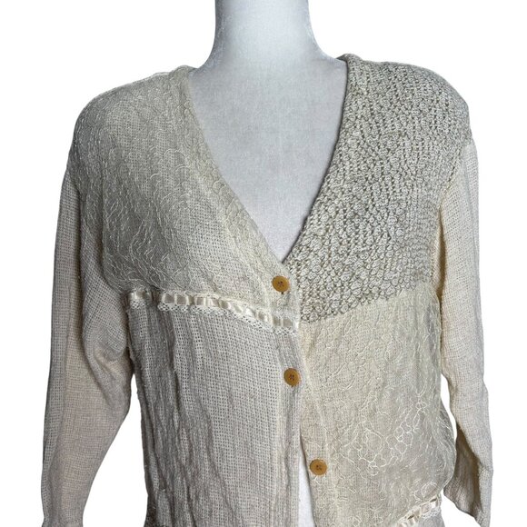 Vintage 90s Knit Patchwork Cardigan Medium Cream Linen Blend Buttons David Wayne - Picture 2 of 6